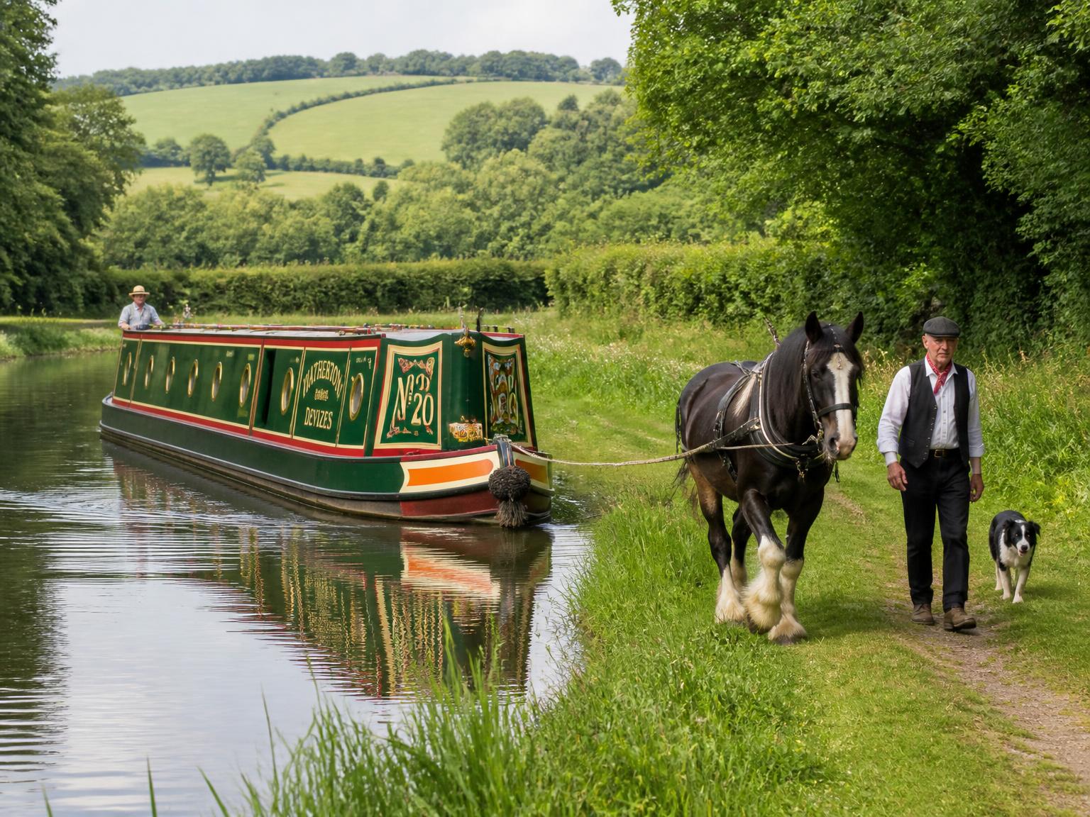Traditional narrowboat and horse on a Devon and Somerset canal towpath