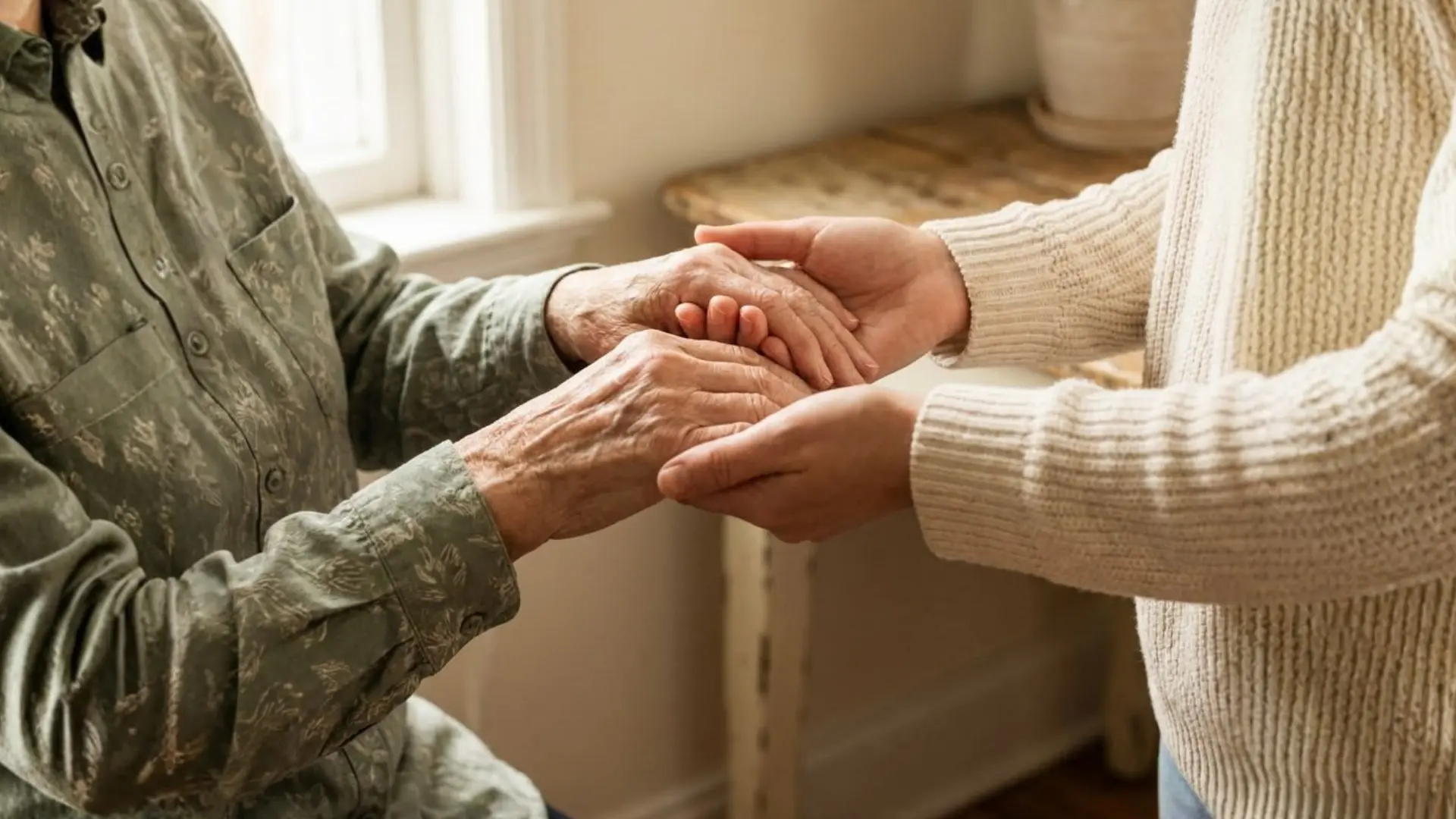 A caring companion gently holding an older person's hands indoors
