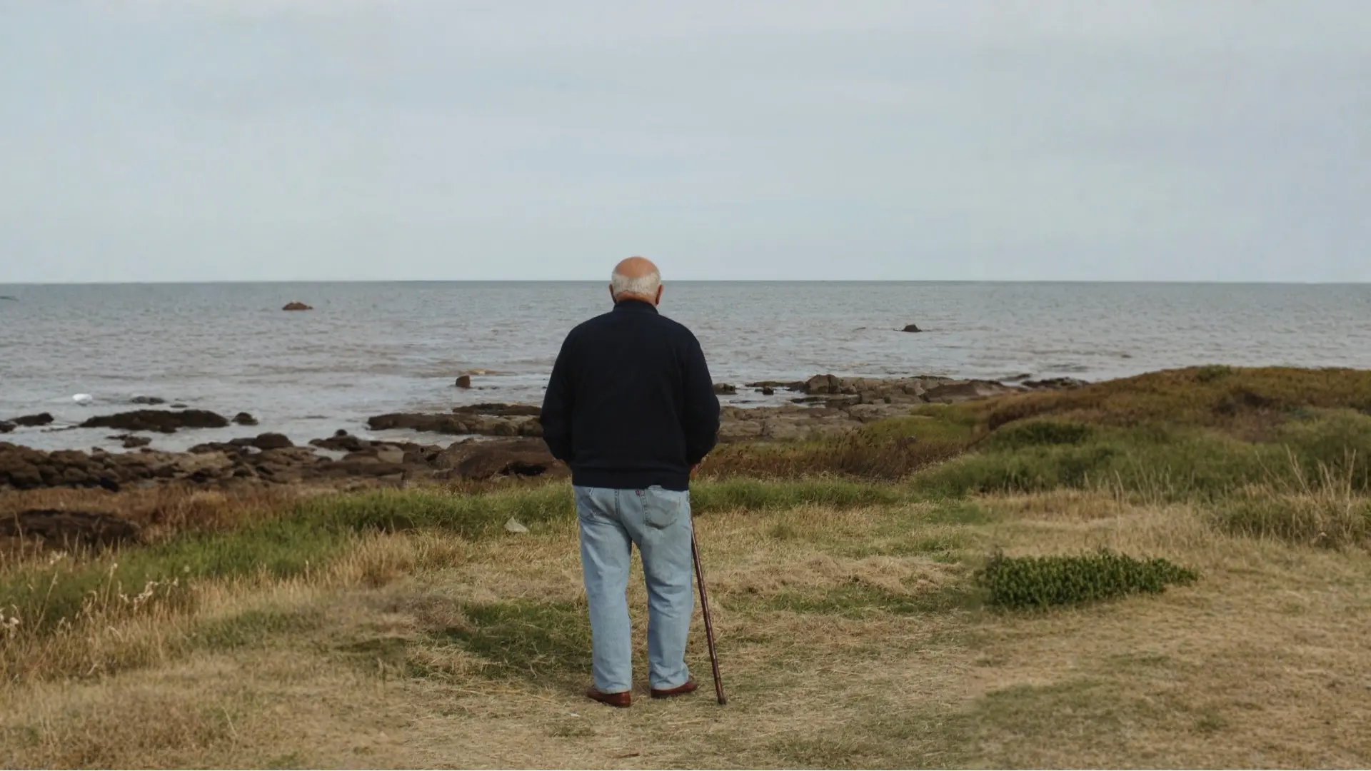 An older gentleman with a walking stick looking out over a quiet coastline