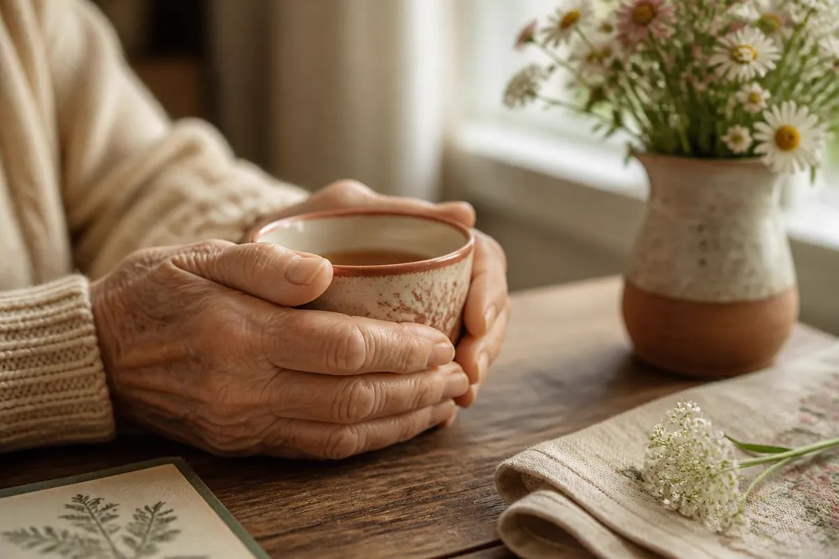 Comforting hands wrapped around a warm cup of tea