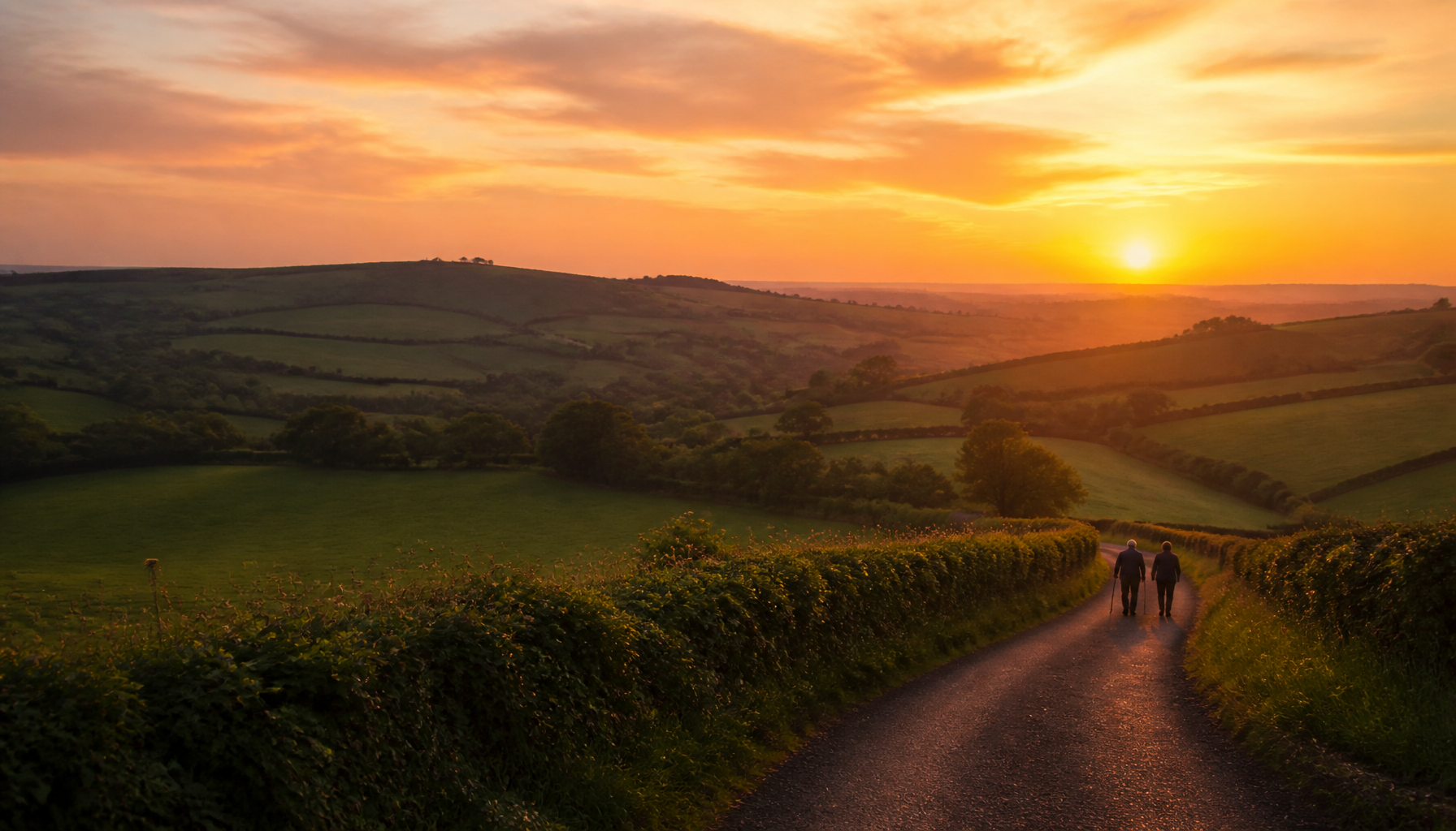Two people walking together at sunset across a countryside field